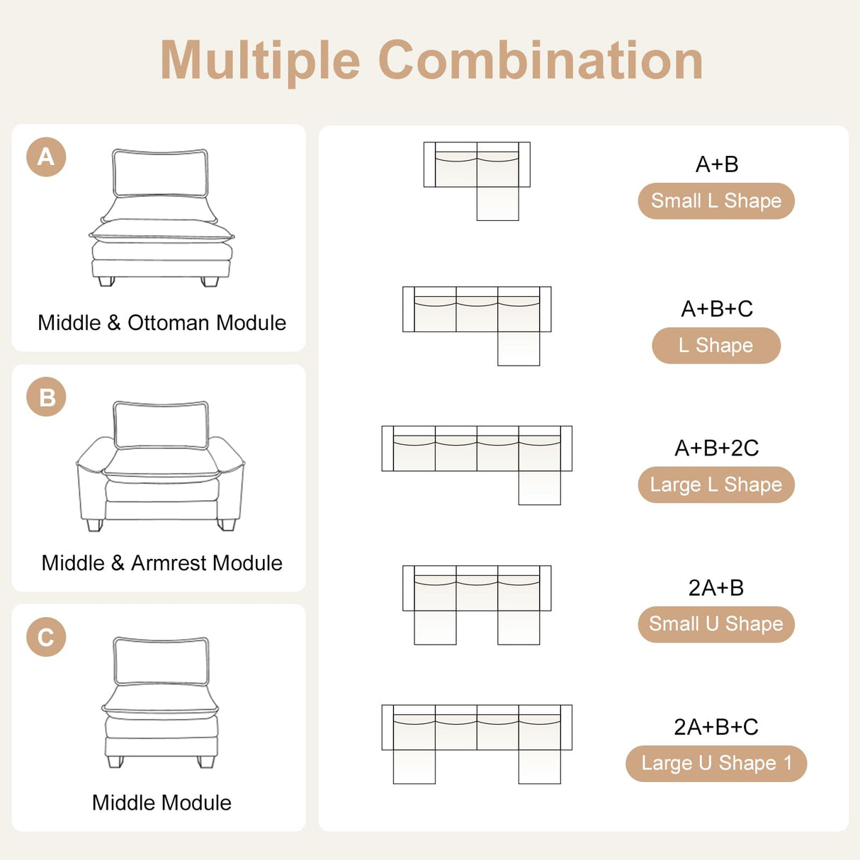 Karl home Chenille Modular Sectional Sofa 3 Seats with 1 Ottomans Sofa Couch L-Shaped Design, Comfy Upholstered Furniture for Living Room, Apartment, Studio, Office, Light Brown Karl home