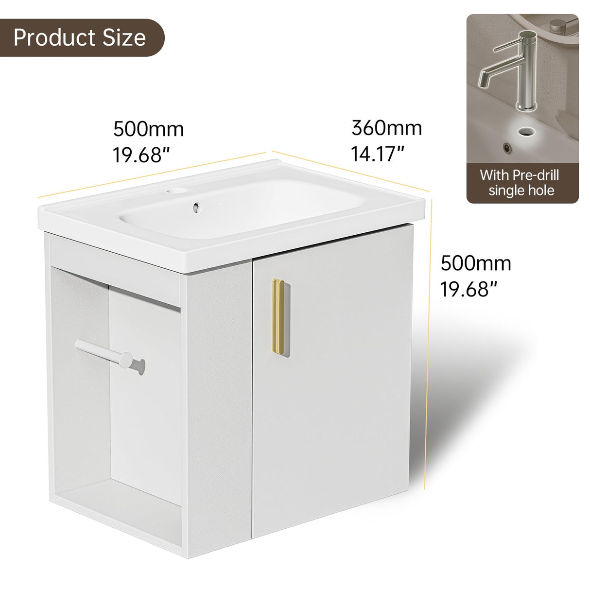 phiestina Pre-Assembled 20 Inch White Floating Small Bathroom Vanity, Wall Mounted Cabinet with Sink, Left Side Storage, Soft-Close Door, Modern Space-Saving Design, No Faucet, BV04-20-WHITE-PLUS phiestina
