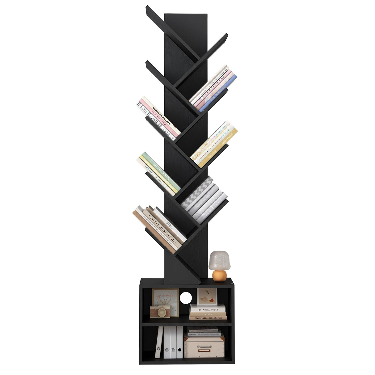 Azaeahom 8 Tier Tree Bookshelf, Wood Bookcase with Storage Cabinet, Modern Tall Narrow Bookshelves Organizer, Floor Standing Book Shelf for Bedroom/Living Room/Home Office/Corner (Black, 8 Tier) Azaeahom
