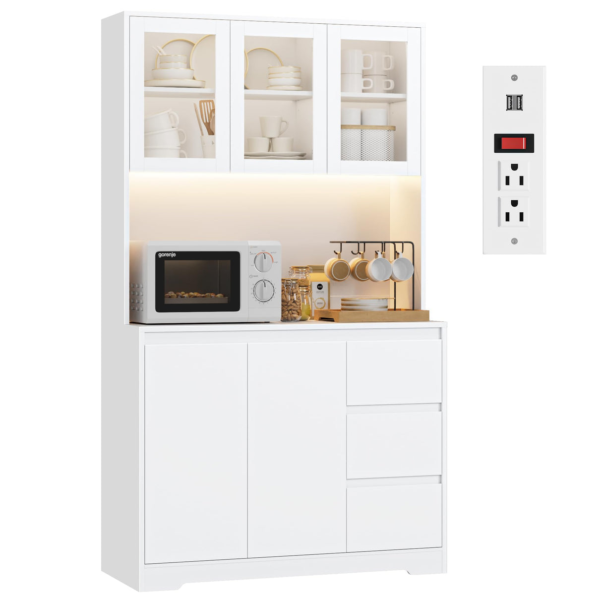 71" Tall Finetones Multi-functional Kitchen Pantry Cabinet with LED Lights and Charging Station finetones