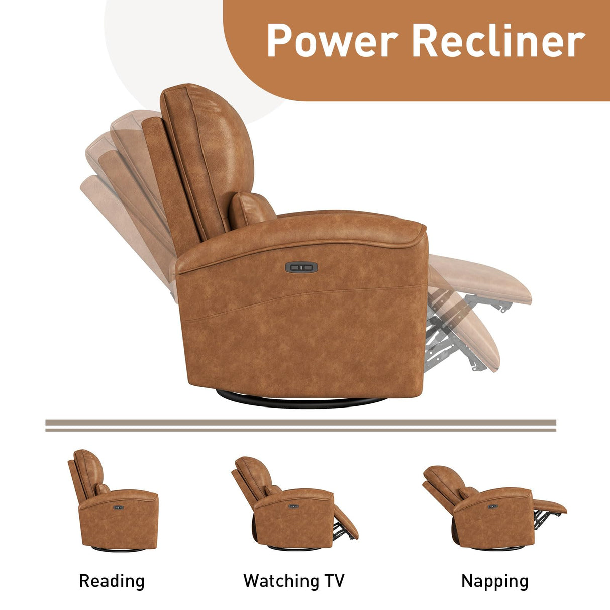 Bonzy Home Power Swivel Rocker Recliner Chair with USB Port, 23.2" Wide Seat, Fixed Lumbar Support, Upholstered Glider Chair for Nursery Living Room, Brown Bonzy Home