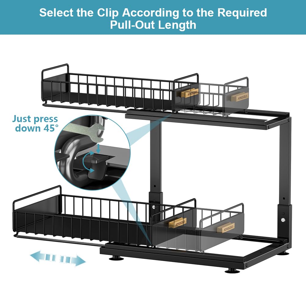 Under Sink Organizer Kitchen, 2 Tier Under Sink Organizers and Storage, Pull out Cabinet Organizer Shelf, Metal Drawer for Kitchen Bathroom Pantry Cabinet Closet Organization Rack, Black, 1 Pack HOMEBOSILY