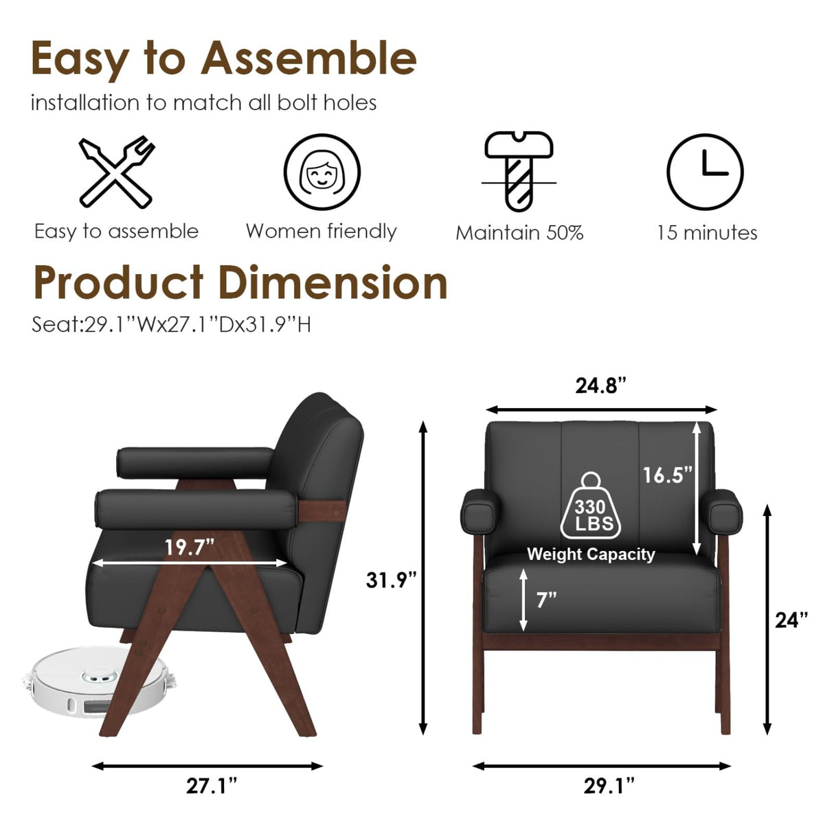 STHOUYN Black Leather Accent Chairs Set of 2, Mid Century Modern Accent Chair, Side Arm Chairs for Living Room, Office Guest Waiting Room Chairs (2, Black) STHOUYN