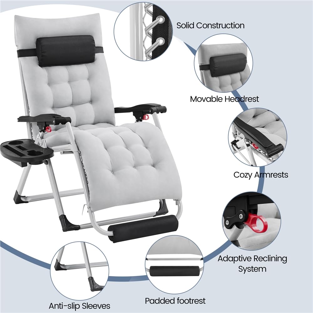 Yaheetech 26in Zero Gravity Chair Set of 2 Reclining Outdoor Sun Lounge Chairs w/Removable Cushion, Cupholder, Headrest and Footrest for Indoor and Outdoor - Gray Yaheetech