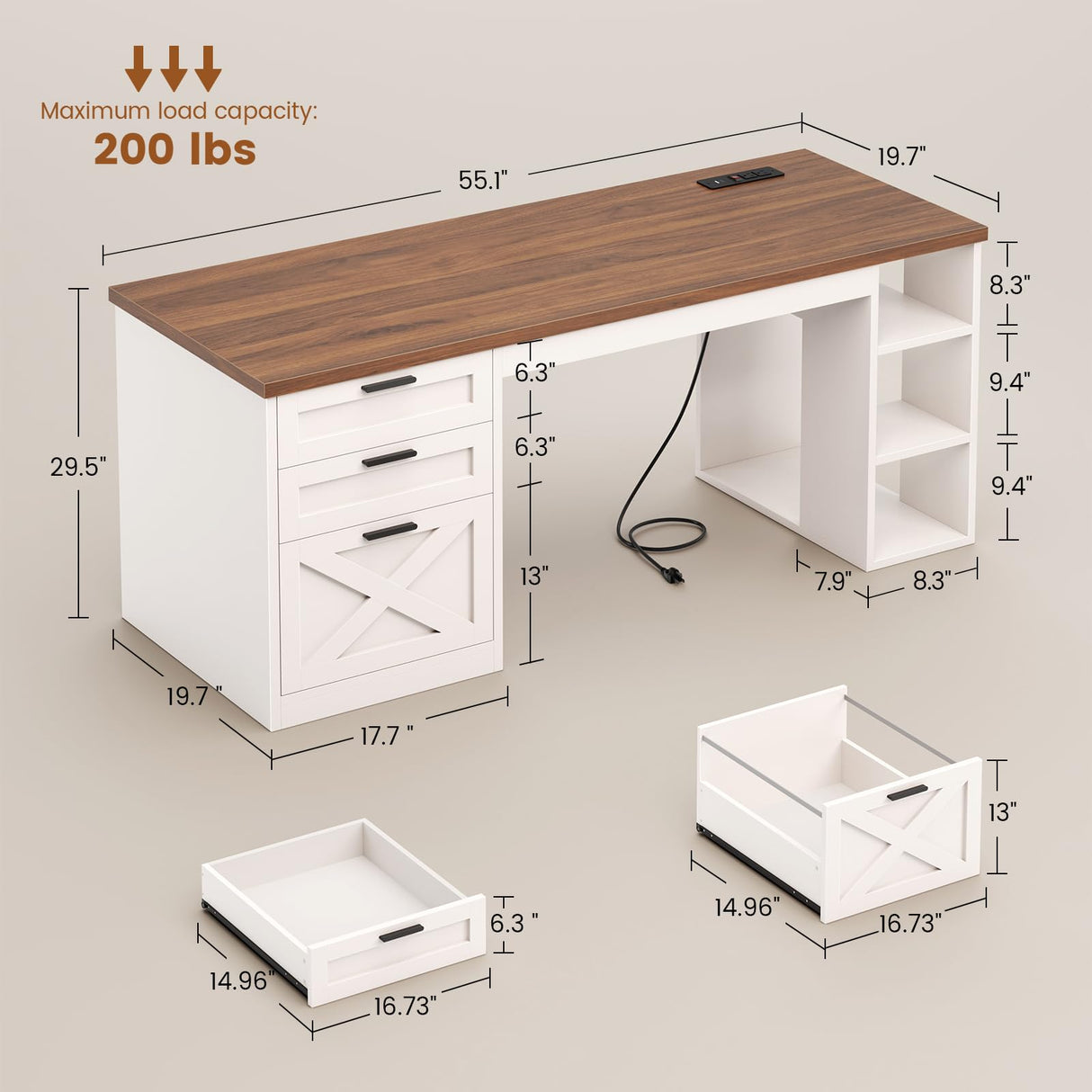 SEDETA 55.1" Farmhouse Office Desk with 3 Drawers, Executive Desk with File Drawer & Storage Shelves, Computer Desk with Power Outlet for Home Office, White and Brown SEDETA