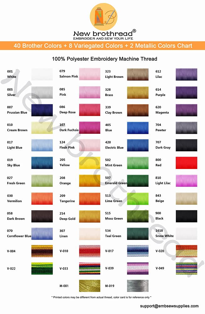 New brothread 50 Spools Embroidery Machine Thread Kit Including 40 Brother Colors+8 Variegated Colors+2 Metallic Colors for Brother Janome Singer Pfaff Husqvarna Embroidery Sewing Machines New brothread