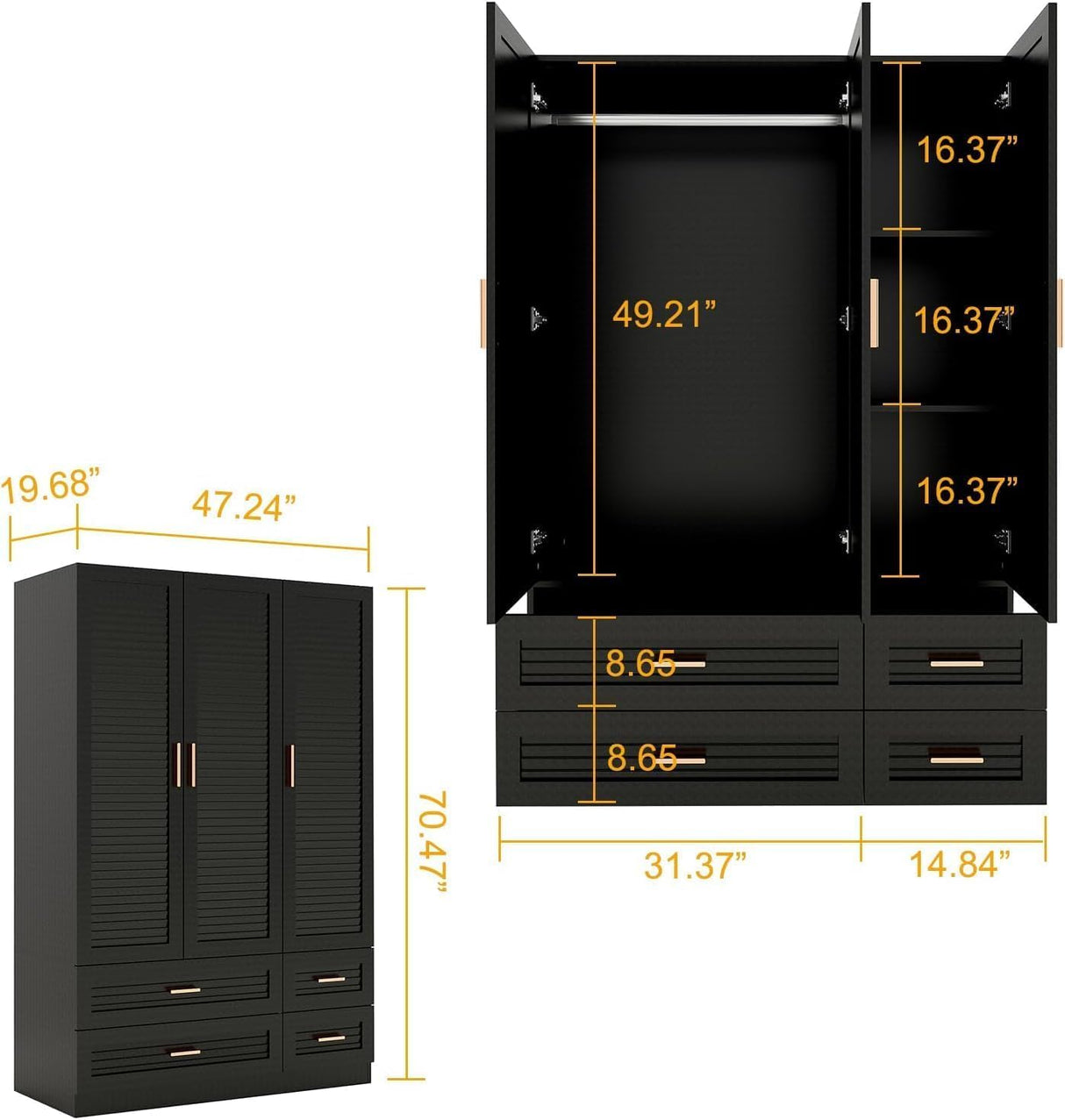 Keloyid Wood Armoire Wardrobe Closet Armoires Wardrobe Cabinet with 3 Door 4 Drawers Tall Wardrobe Closet Storage with Shelves and Hanging Rod for Bedroom Black 47.24''W x 19.69''D x 70.87''H Keloyid