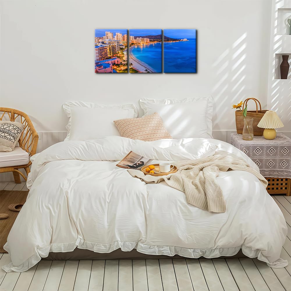 Pacimo Framed Wall Art Decorations Hawaii Cityscape Painting Print on Canvas Honolulu Diamond Head Mountain Skyline Modern Artwork for Home Office Gallery Wrapped Ready to Hang - 12"x16"x3 Panels Pacimo