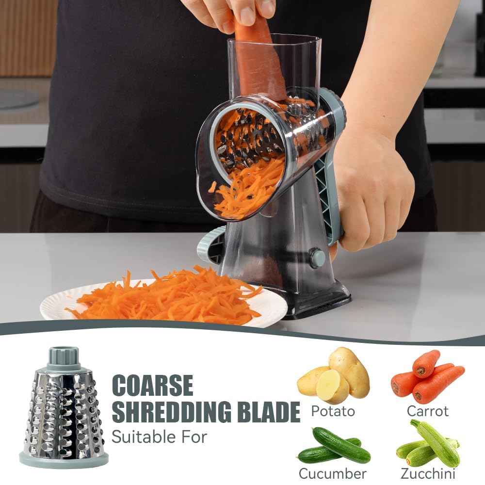 KEOUKE Rotary Cheese Grater with Handle Vegetable Cheese Shredder Slicer Grater for Kitchen 3 Changeable Blades for Cheese Potato Zucchini Nuts Chocolate - GreyBlue KEOUKE