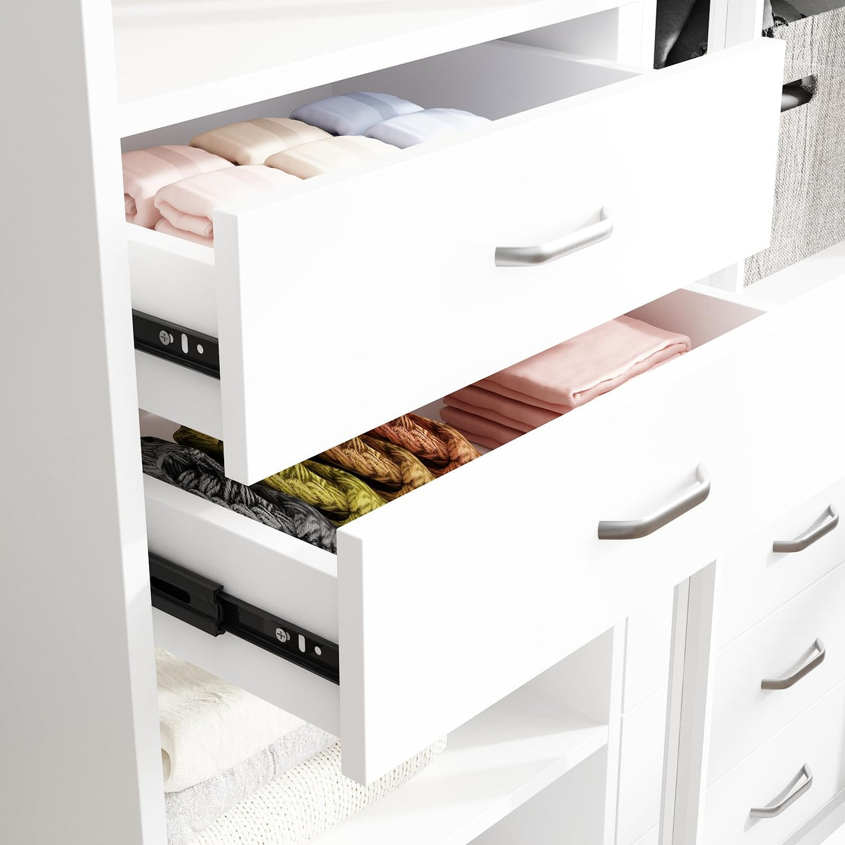 Homsee Extra Large White & Silver Sliding Glass Door Wardrobe Armoire with 2 Hanging Bars and 6 Drawers Homsee