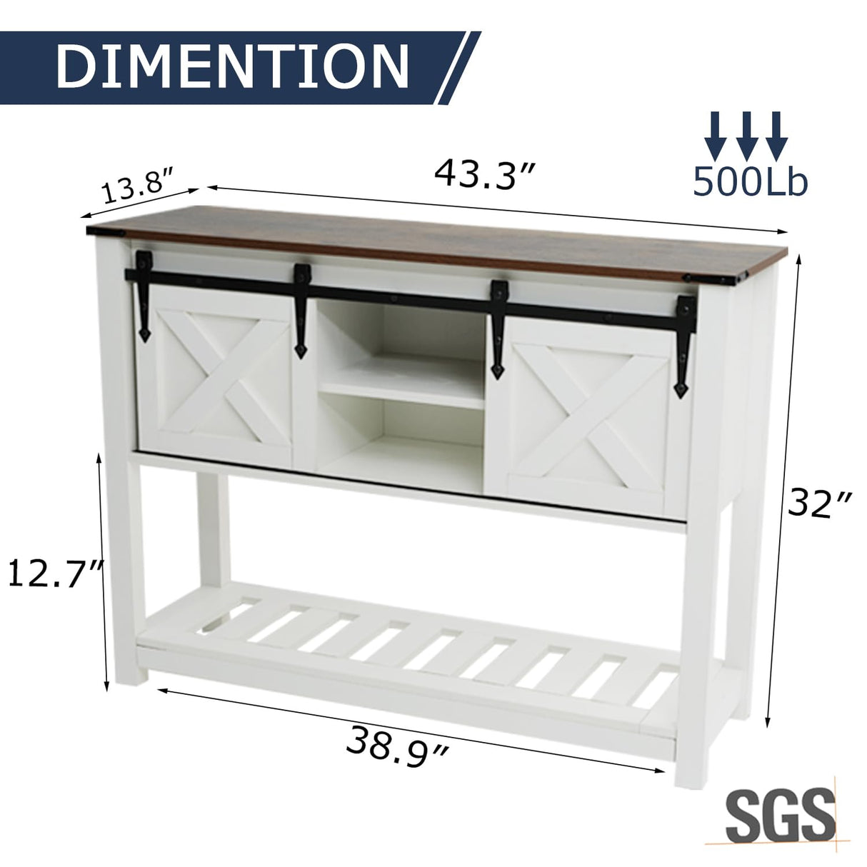 Puntogen Entryway Table with Sliding Barn Doors, 43" Farmhouse Console Table with Storage Shelf, Behind Couch Sofa for Hallway, Entryway, Foyer, White Puntogen