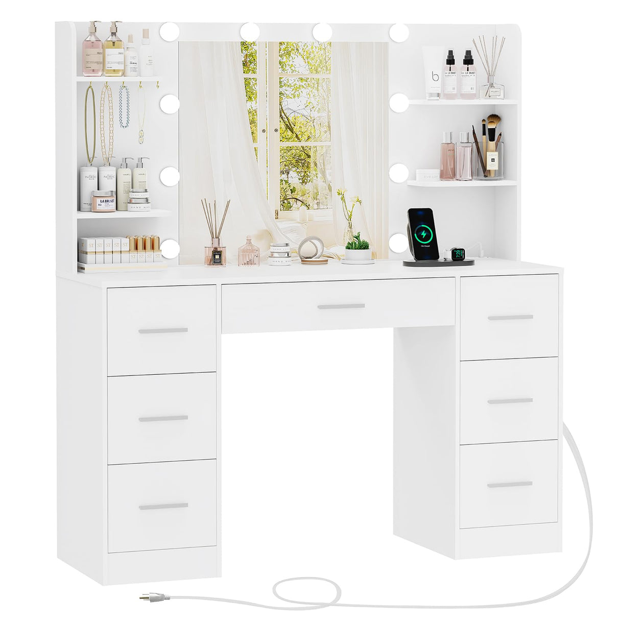 FIONESO Large Makeup Vanity, 43.3" Vanity Desk with Mirror and Lights, Makeup Vanity Table with 7 Drawers, 4 Shelves, 5 Jewel Hooks & Power Strip, Vanity Desk Set for Bedroom, White FIONESO