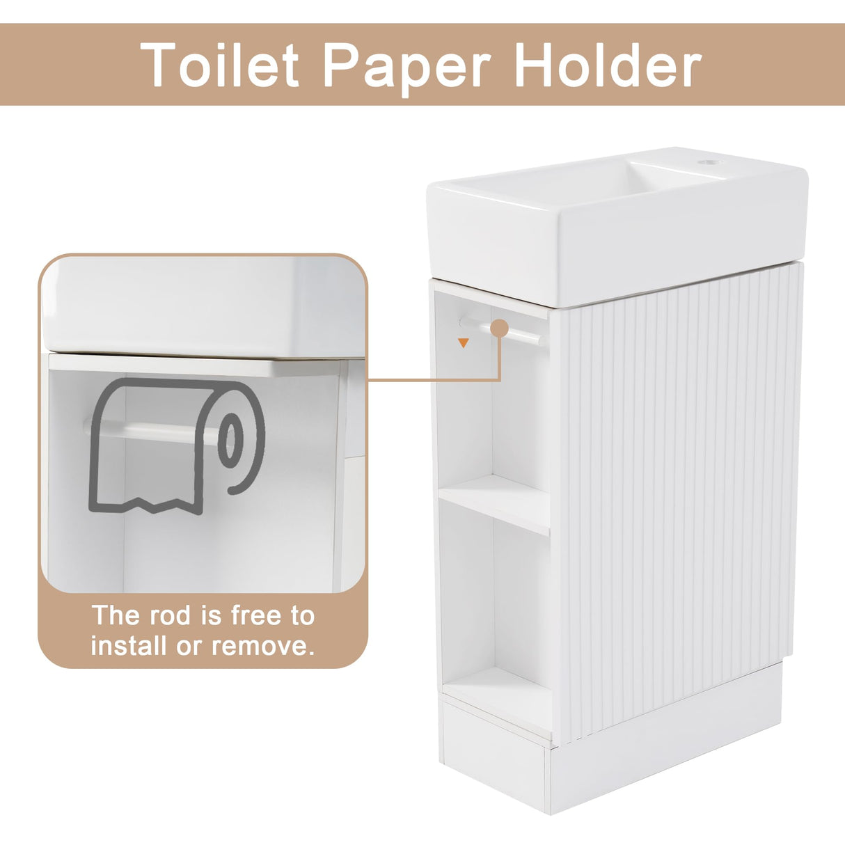 LUMISOL 18.6" Small Bathroom Vanity with Sink, Freestanding Bathroom Vanity with Toilet Paper Holder & Soft-Close Door, Left or Right Storage, Wood Bathroom Sink Cabinet with Ceramic Basin, White LUMISOL