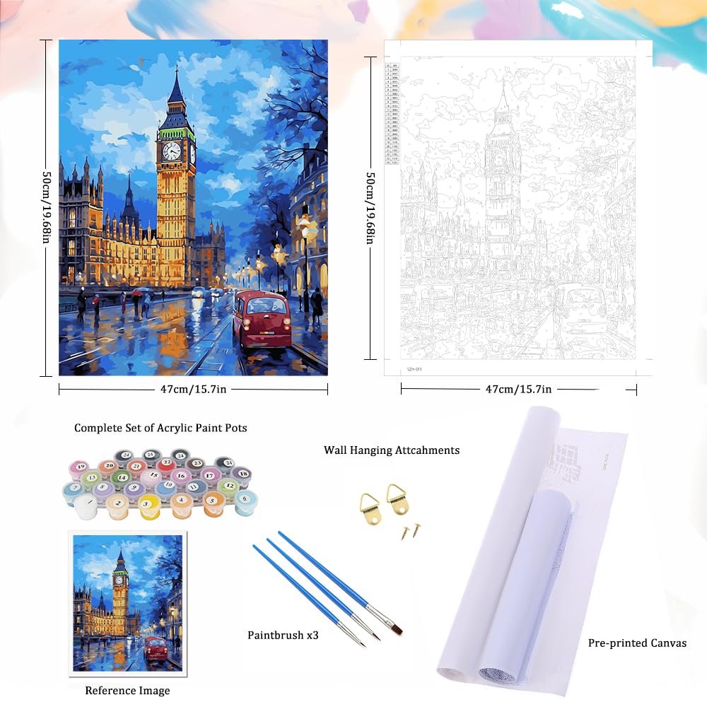 Natuyalo Big Ben Paint by Numbers Kit for Adults - London Cityscape Paint by Number on Canvas Without Frame, DIY Acrylic Painting for Ideal Gift Home Wall Decor (16x20 Inch) Natuyalo