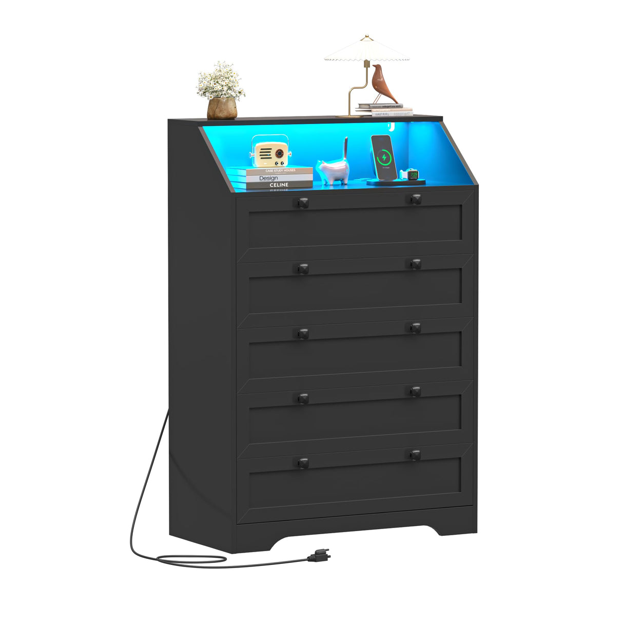 Wodeer Black Dresser Tall 5 Drawer Dresser for Bedroom, Wood Chest of Drawers with LED Lights, Charging Station, Metal Handles, Modern Storage Cabinet and Organizer Drawers for Living Room, Hallway Wodeer