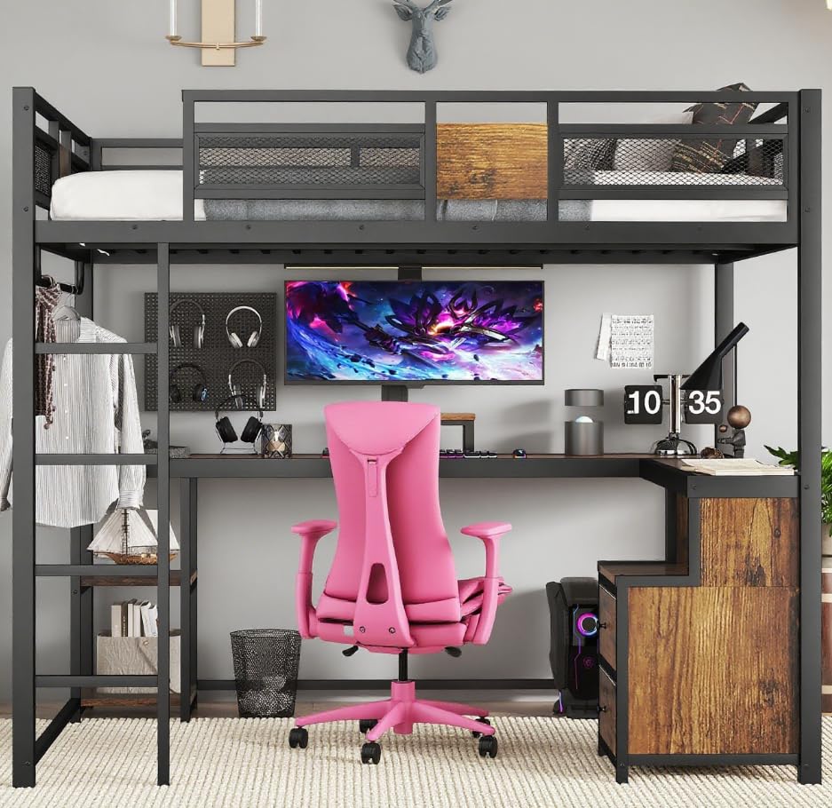 Bellemave Queen Loft Bed with Desk and Fabric Drawer, Metal Queen Loft Bed Frame with guardrail and Ladder for Adults, Kids, Teens, Black Bellemave