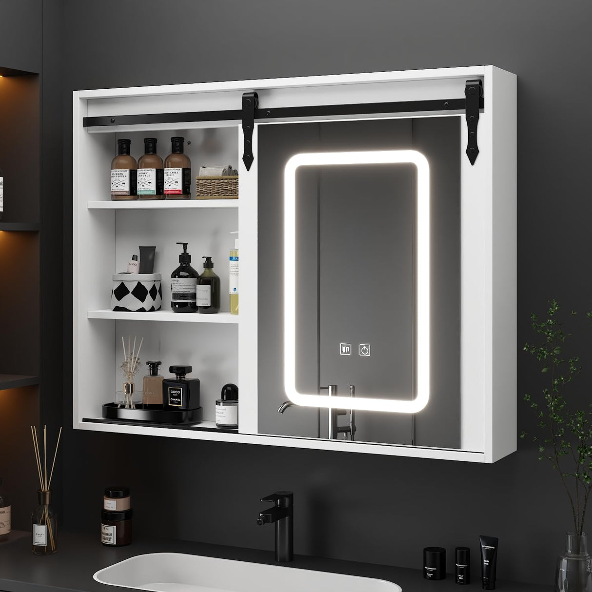 FUNISIR Mirror Medicine Cabinet Wall Mounted, 35.4" x 27.6" Bathroom Lighted Mirror Medicine Cabinet with Farmhouse Sliding Barn Door, Makeup Vanity Mirror with Defogger, Dimmer, Storage FUNISIR