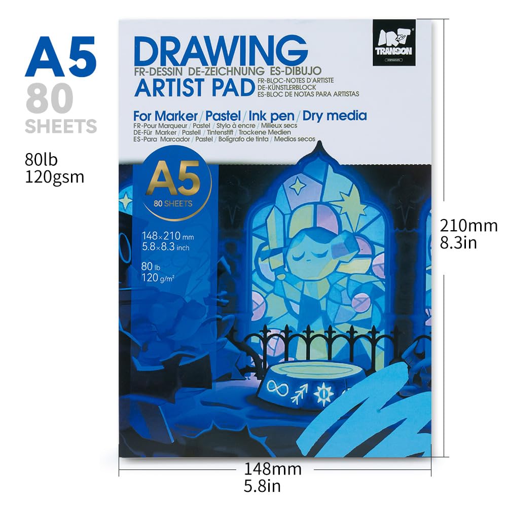 TRANSON Artist Mix Media Sketchbook Marker Pad, 5.8”x8.3” 80 Sheets A5 Art Papers, 80lb/120gsm for Painting, Drawing and Sketching TRANSON