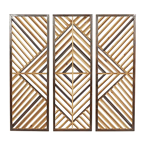 Deco 79 Wood Geometric Home Wall Decor Slatted Wood Design Wall Sculpture, Set of 3 Wall Art 12"W, 35"H, Brown Deco 79