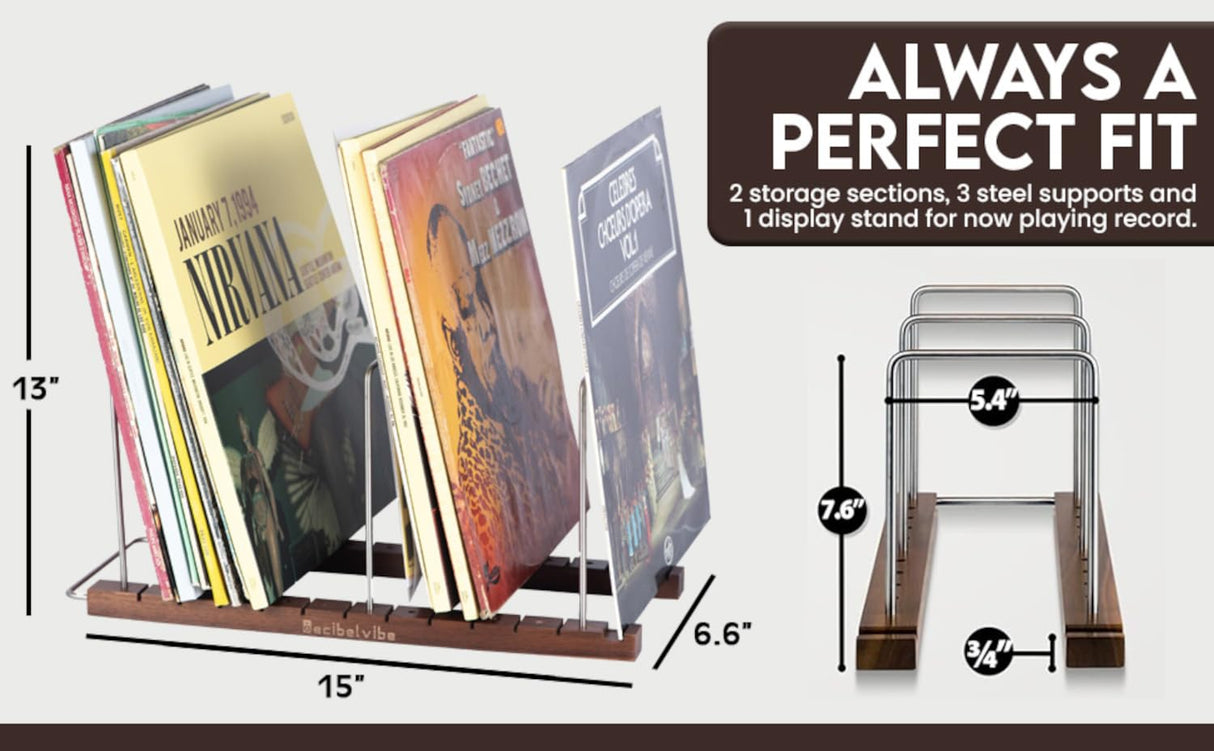 Decibelvibe Vinyl Record Storage and Record Player Stand, Now Playing Display with Stainless Steel and Solid Walnut Wood Premium Design, Up to 75 Vinyl records Decibelvibe