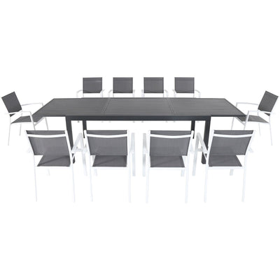 Cambridge Nova 11-Piece Outdoor Dining Set with 10 Stackable Sling Chairs and Extra Large Expandable Outdoor Patio Dining Table, Weather Resistant and Easy to Clean Metal Patio Set, Gray/White