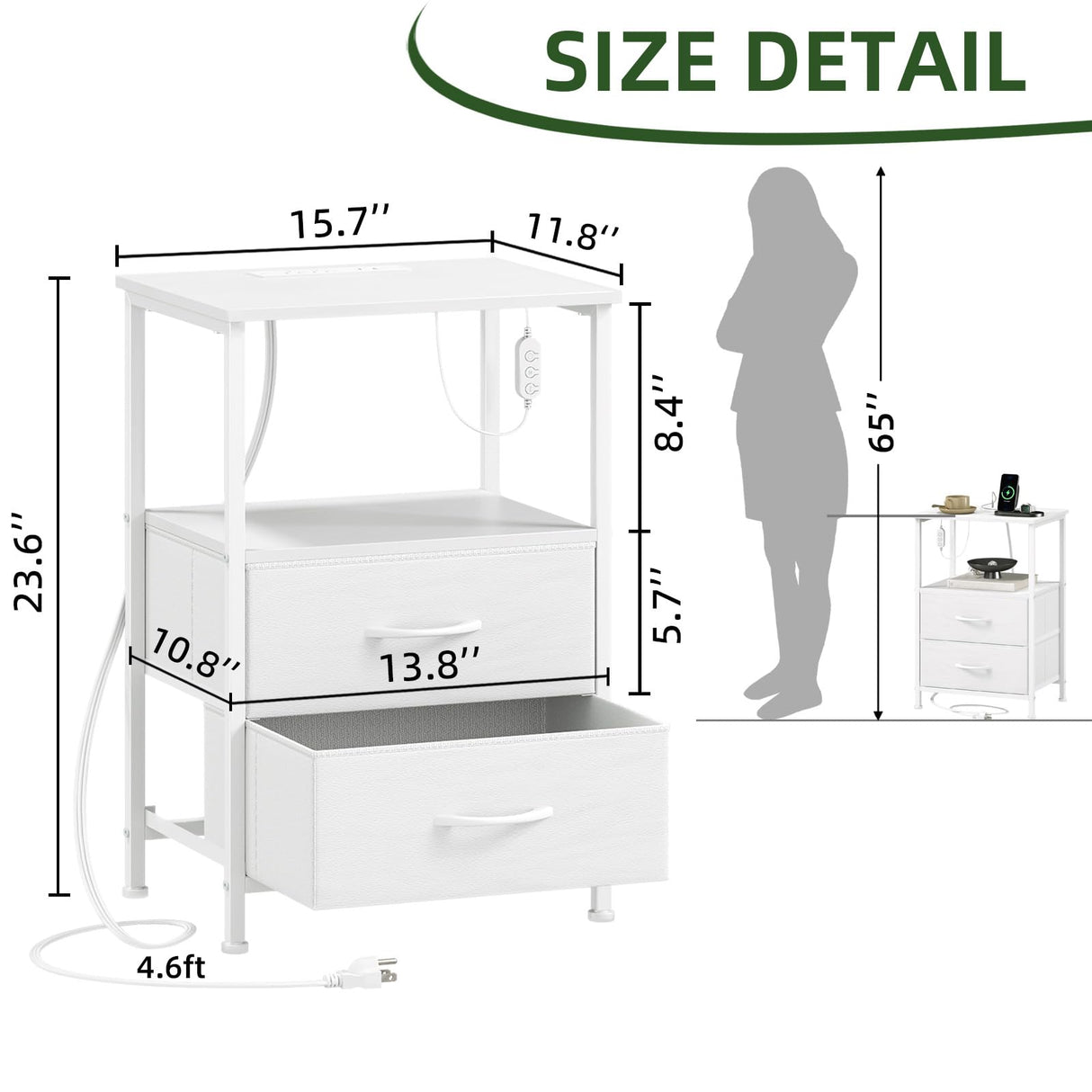 Somdot White Nightstand with Charging Station and LED Light for Bedroom, 2 Drawers Dresser with Fabric Bins for Bedside Kids Dorm Room Closet Laundry Entryway, White Leather Somdot