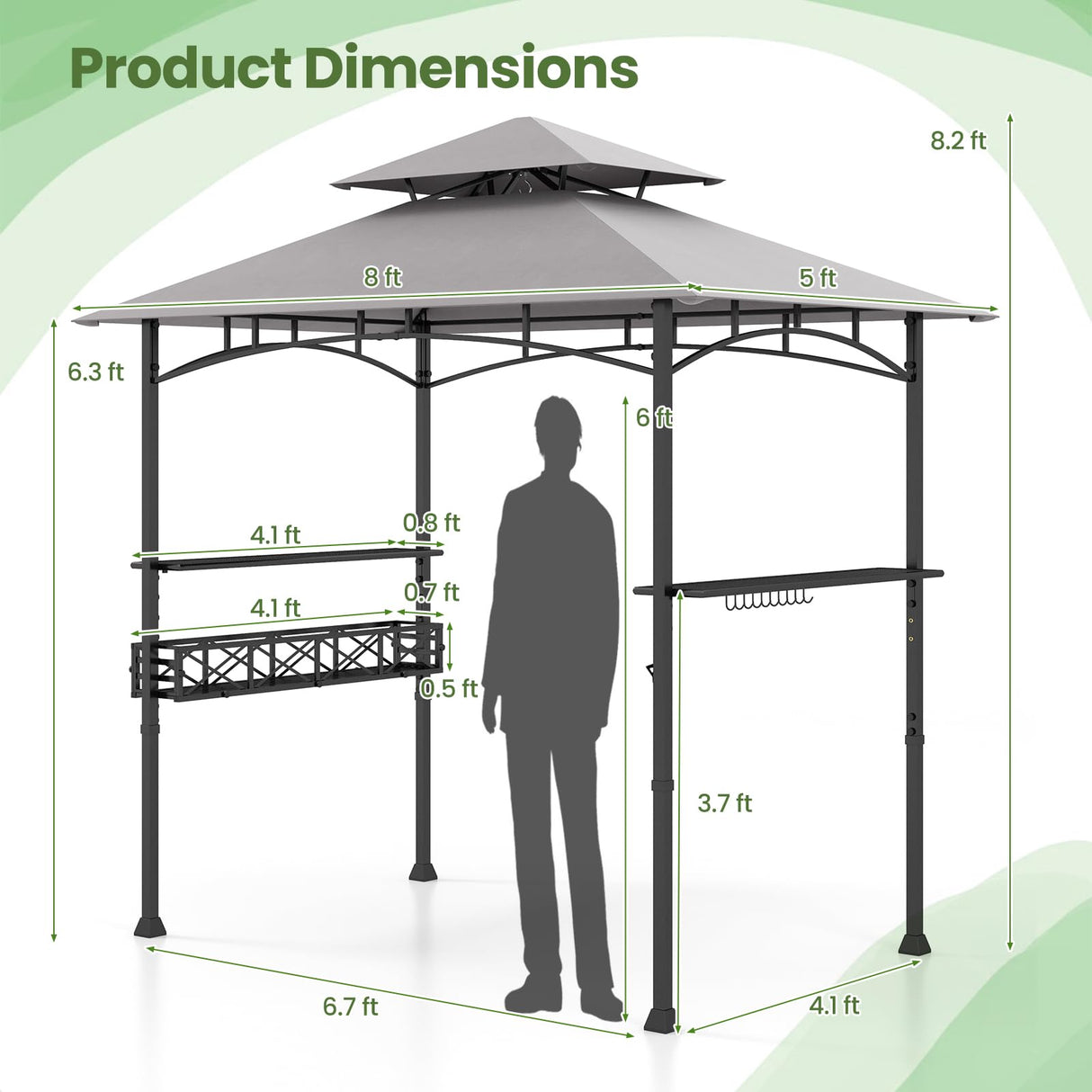HAPPYGRILL 8 x 5 FT BBQ Grill Gazebo with 2 Side Shelves, Storage Basket, Hanging Hooks, Bottle Opener, Double-Tiered Top, Metal Frame, Outdoor Barbecue Canopy, Grilling Shelter for Patio Garden Yard HAPPYGRILL