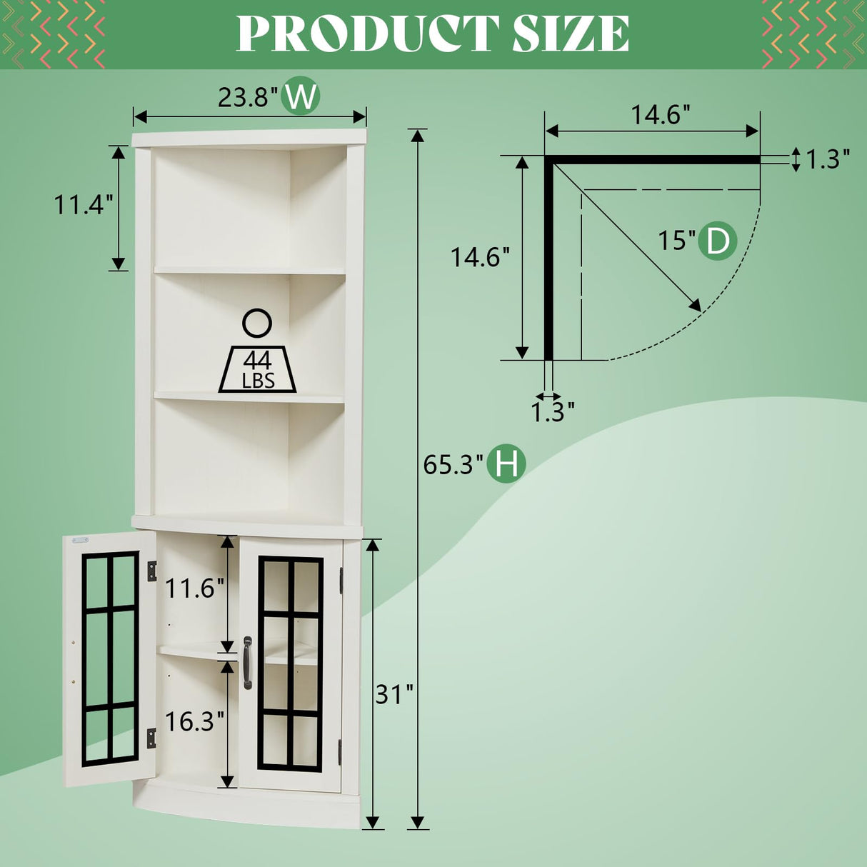 AMERLIFE Curved Corner Storage Cabinet, 65" Tall Freestanding Bookcase with Glass Doors & Adjustable Shelves, 5-Tier Corner Display Cabinet for Living Room, Bathroom, Distressed White AMERLIFE