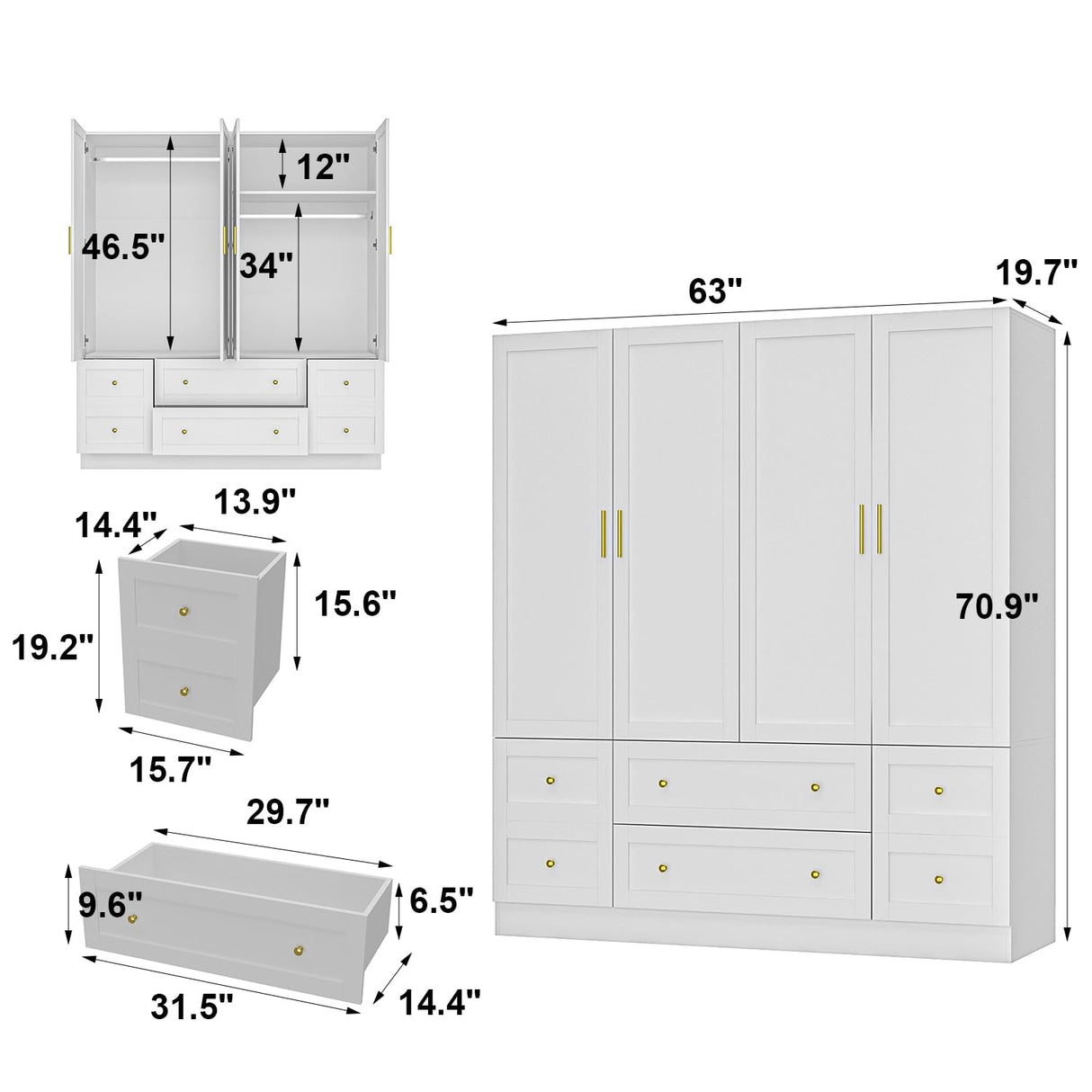 Hitow 4-Door Armoire Wardrobe Closet with Hanging Rod, White Clothing Storage Cabinet with Drawer Organization, 70.9" Tall Wooden Bedroom Wardrobe Armoire for Hanging Clothes Hitow
