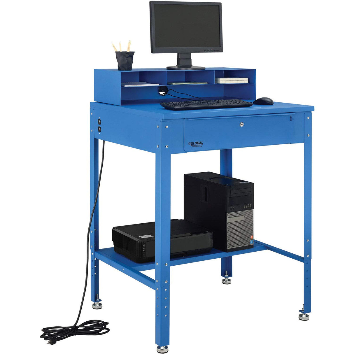 Global Industrial Flat Top Shop Desk w Pigeonhole Compartments, 34-1/2"W x 30" D x 38 to 42-1/2"H, Blue Global Industrial