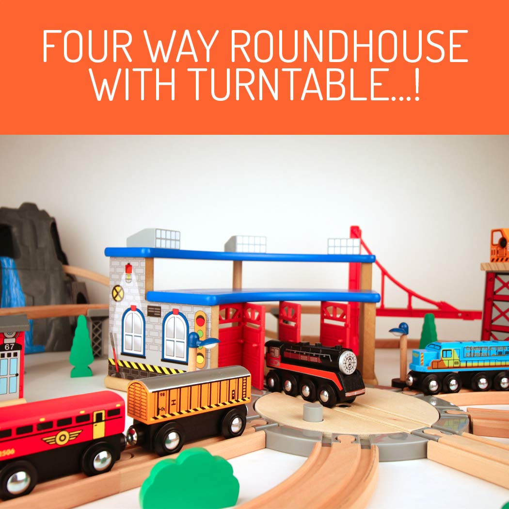 Maxim 100 pc Mountain Wooden Train Set with Roundhouse for Toddler with Double-Side Train Tracks Fits Brio, Thomas, Melissa and Doug, Kids Wood Toy maxim enterprise, inc.