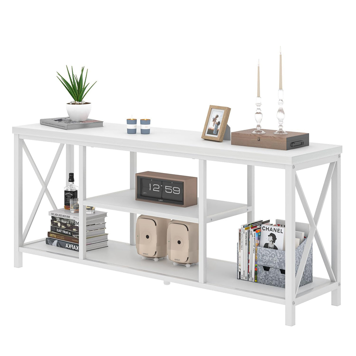 EXCEFUR 55 inch TV Stand for TV up to 65 inch, Modern Media TV Console with Storage Shelves, Entertainment Center for Living Room, Bedroom, White Oak EXCEFUR