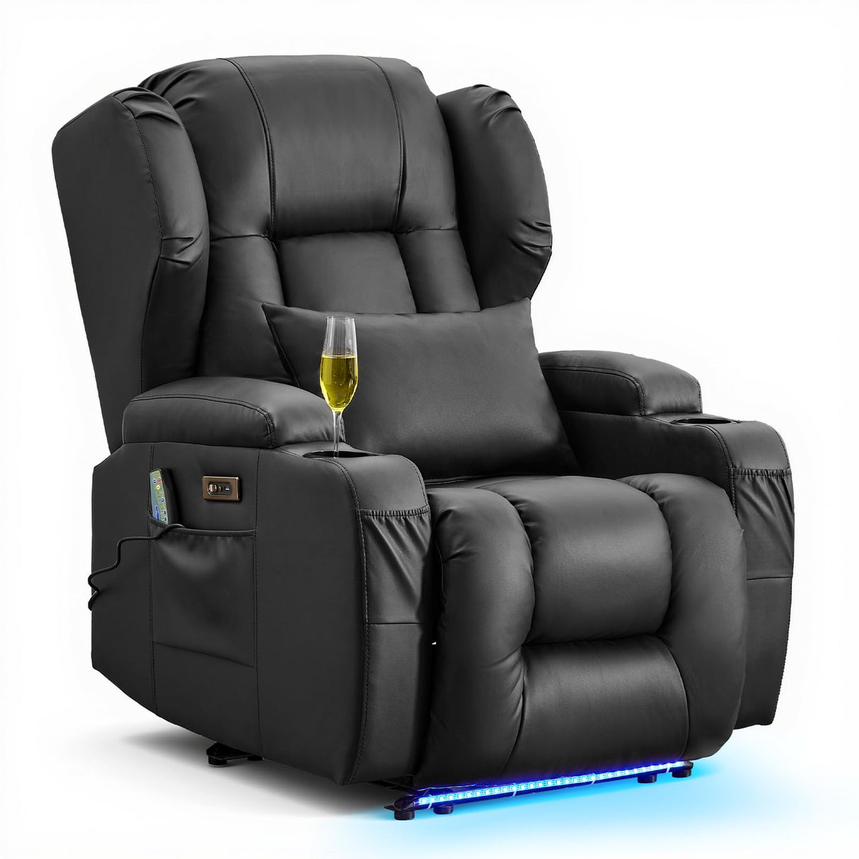 IPKIG Power Recliner Chair with Massage and Heat, Electric Recliner for Living Room, Home Theater, Bedroom, with LED Lights, USB Charger, Cup Holders, Side Pockets & Lumbar Pillow (1, Black) IPKIG
