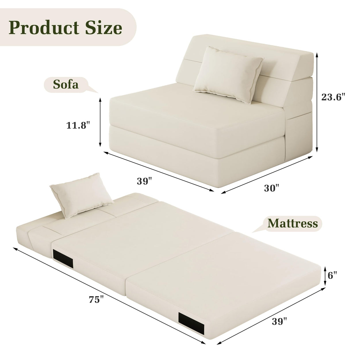 Luoxiao Folding Sofa Bed Convertible Sleeper Chair with Pillow Fold Out Couch Memory Foam Floor Mattress Portable Futon Sofa Bed Lazy Sofa for Living Room/Dorm/Guest Room/Home Office, Twin, Off White Luoxiao