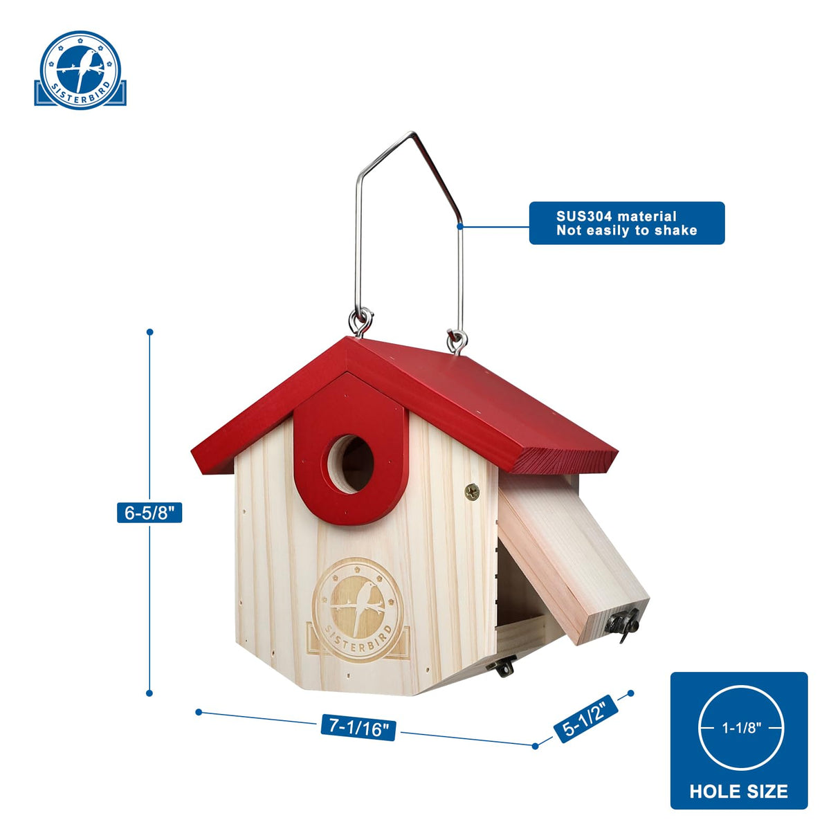 SISTERBIRD Wren Bird Houses for Outside Cedar Hanging Birdhouses for Outdoors 1-1/8" Entrance Hole Bird Houses for Outside Clearance Wooden Nesting Box Chickadee Predator Guard, Red SISTERBIRD