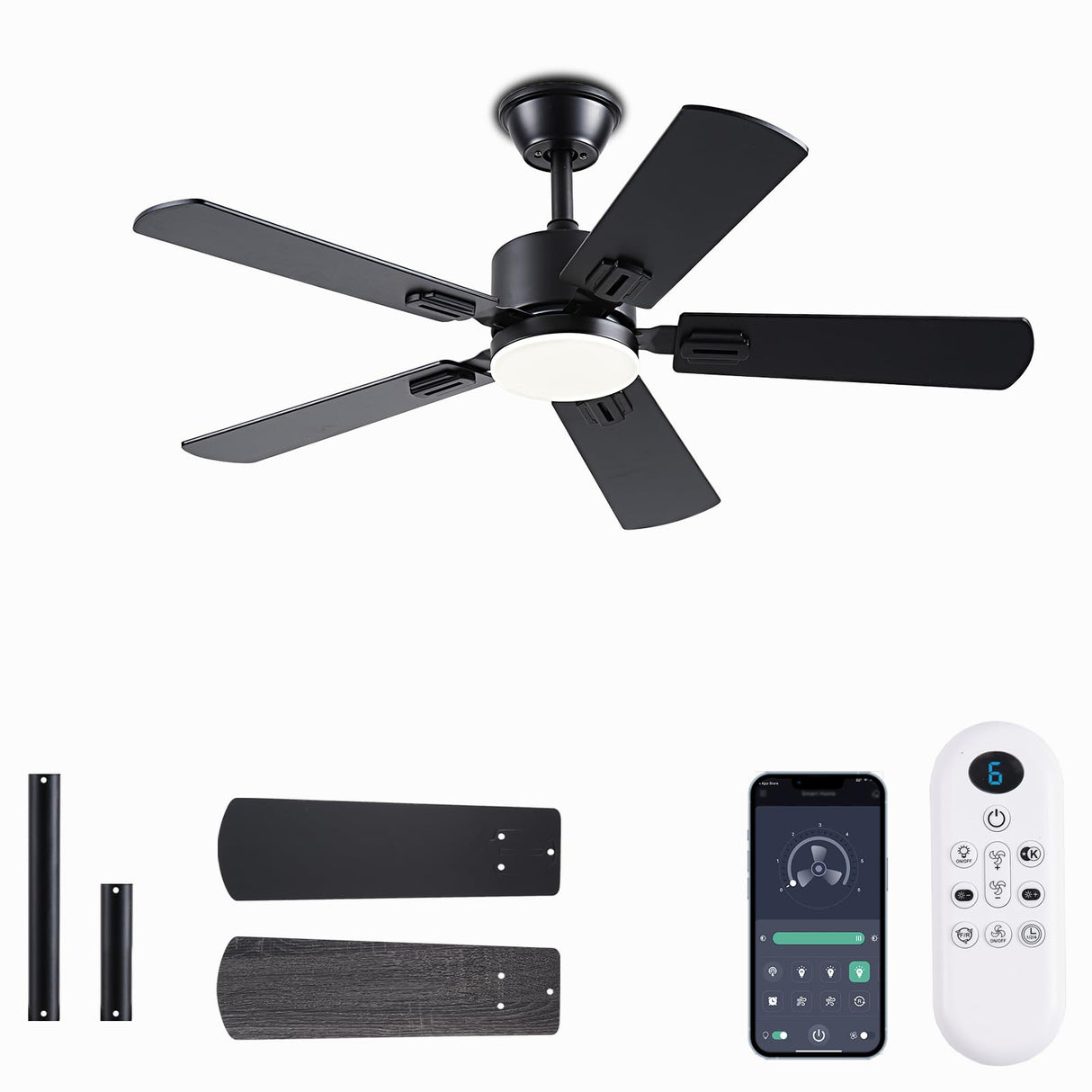 FUMLTP 42 inch Modern Ceiling Fans with Lights APP/Remote Control, Low Profile Reversible 6 Speeds Ceiling Fan Light for Indoor/Outdoor Patio Bedroom Living Room,Black FUMLTP