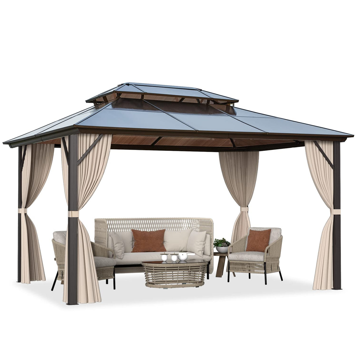 MELLCOM 10'x13' Hardtop Gazebo with Polycarbonate Double Roof, Aluminum Frame Outdoor Gazebo Permanent Pavilion with Curtains and Netting for Patio, Lawn & Garden MELLCOM