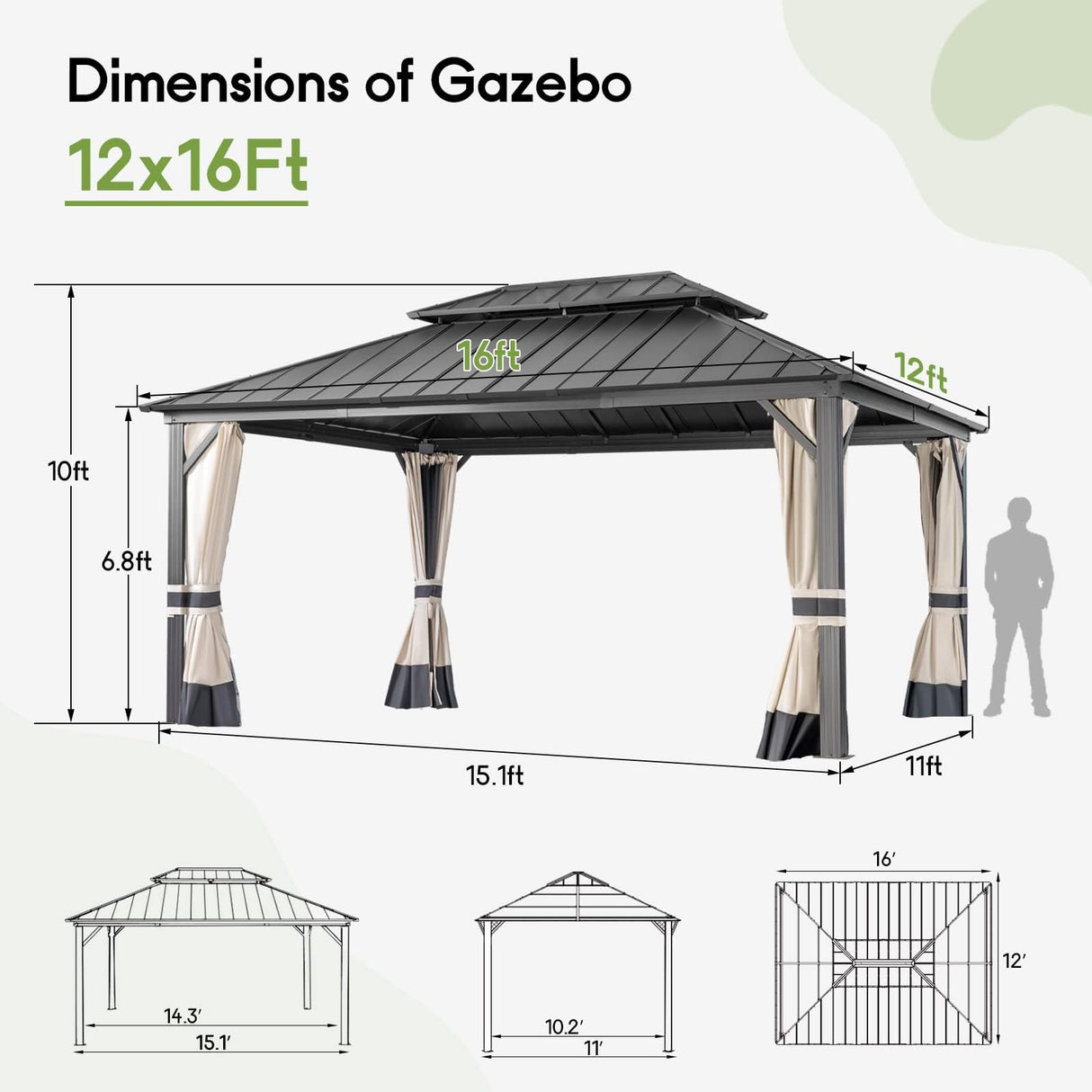 COASTSHADE 12x16 Patio Hardtop Gazebo, Outdoor Gazebo with Spliced Structure for Easy Assembly,Galvanized Steel Metal Double Roof Aluminum Permanent Frame with Netting and Curtains for Backyard Garden CoastShade