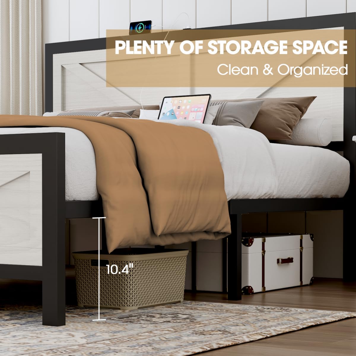 Siihnon Rustic Bed Frame King Size with Barn Door Headboard, LED Bed Frame with Charging Station, Industrial Platform Metal Bed Frames, No Box Spring Needed, Easy Assembly, White Siihnon