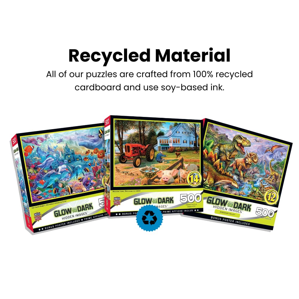 MasterPieces - 500 Piece Jigsaw Puzzle, Glows in The Dark, Hidden Images, Dinosaur Valley, Fun for Adults, Family, Kids, 15" x 21" Masterpieces