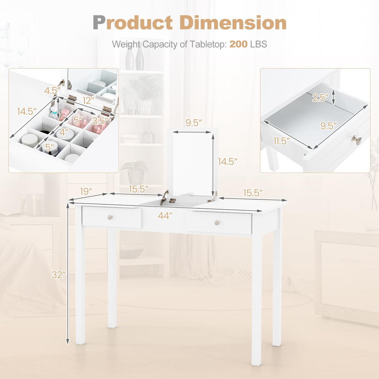 CHARMAID Makeup Vanity Desk - 44 inch White Vanity Desk with Flip Top Mirror, 2 Large Drawers, 9 Storage Compartments, Girls Makeup Dressing Table Writing Desk for Bedroom Home Office CHARMAID