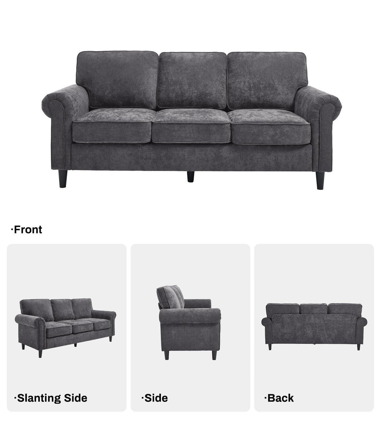 Kingfun 3 Seater Couch, Mid Century Modern Sofa with Rolled Arms and Deep Seats, Fluffy Comfort for Living Room, Apartment, Easy Assembly, Gray Kingfun