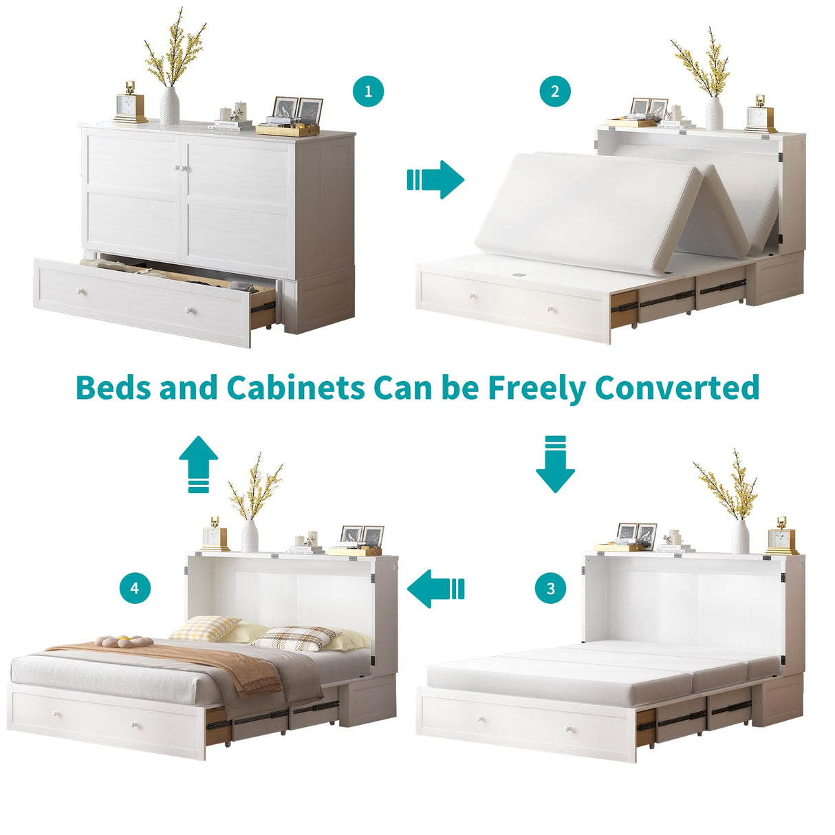 BALUS Murphy Cabinet Bed, Queen Murphy Bed with Tri-fold Mattress, Charging Stations, Wooden Cabinet Chest Beds with 2 Storage Drawers for Bedroom Guest Room - White BALUS