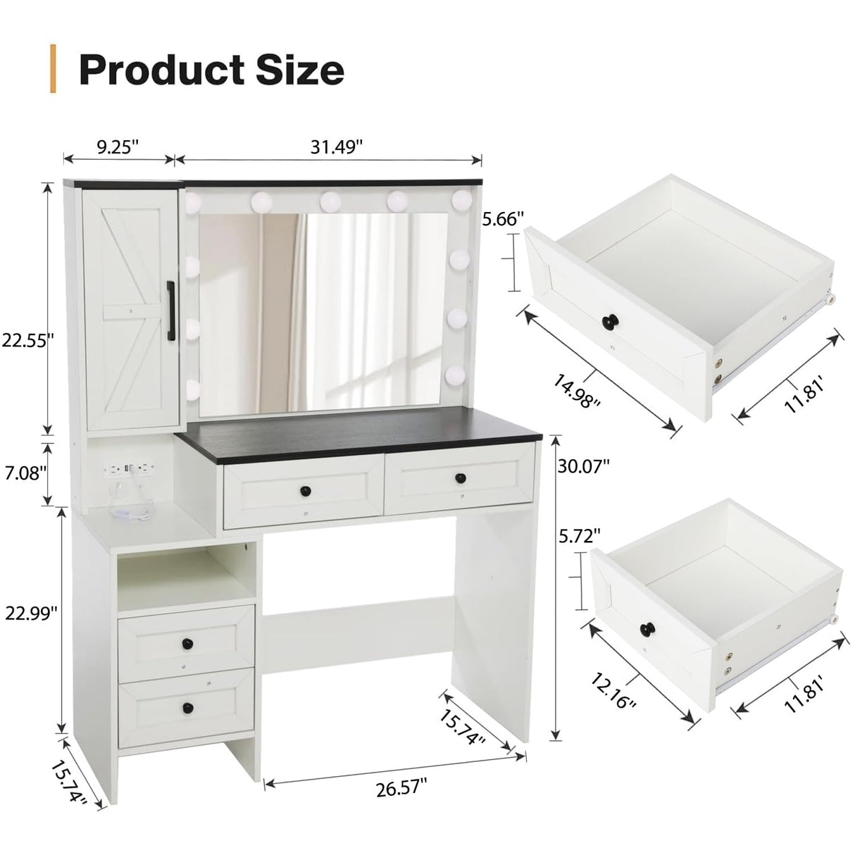 elifine Vanity with Lighted Mirror - Farmhouse Makeup Vanity Desk with 4 Drawers, 1 Cabinet and Power Outlet, 3 Color Lighting Modes Adjustable Brightness elifine