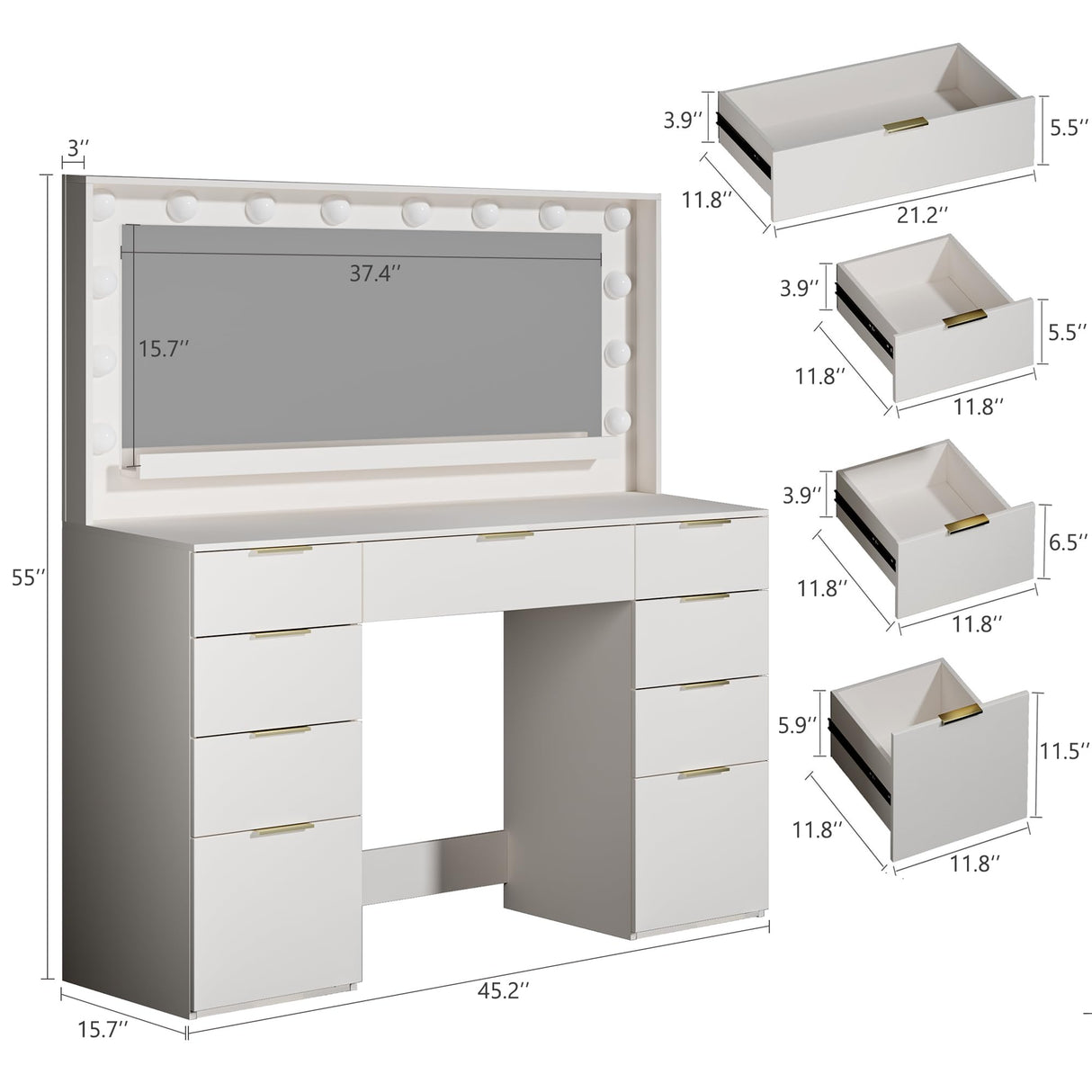 ALEXNUTRE Vanity Desk with Large Mirror and Lights, 45.3in Makeup Vanity with Power Outlet 9 Drawers & Storage, 3 Lighting Color Adjustable, White Vanity Desk for Bedroom ALEXNUTRE