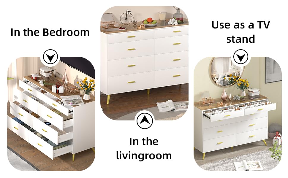 PAKASEPT White Dresser with LED Lights for Bedroom,8 Drawer Dressers with Tempered Glass Top,Chests of Drawers with 2 Grid Drawer,Storage Organizer Dresser for Hallway,Living Room PAKASEPT