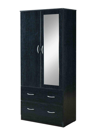 HODEDAH 2 Door Wood Wardrobe Bedroom Closet with Clothing Rod inside Cabinet, 2 Drawers for Storage and Mirror, Black