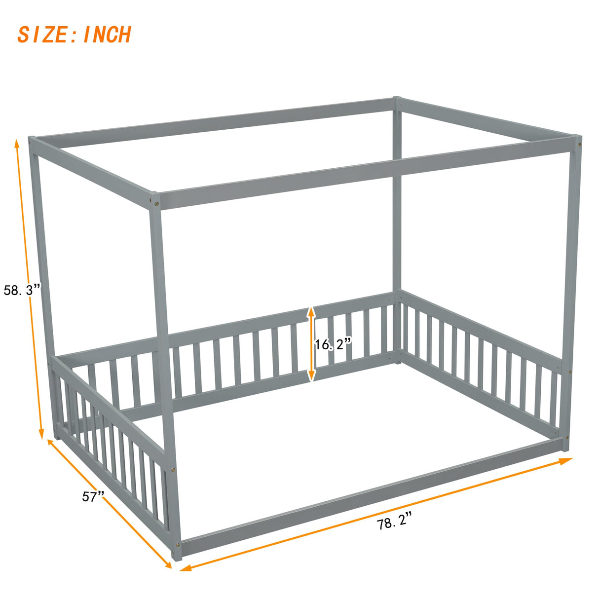 LOSTCAT Montessori Full Size Floor Bed with Canopy & Safety Rails in Grey LOSTCAT