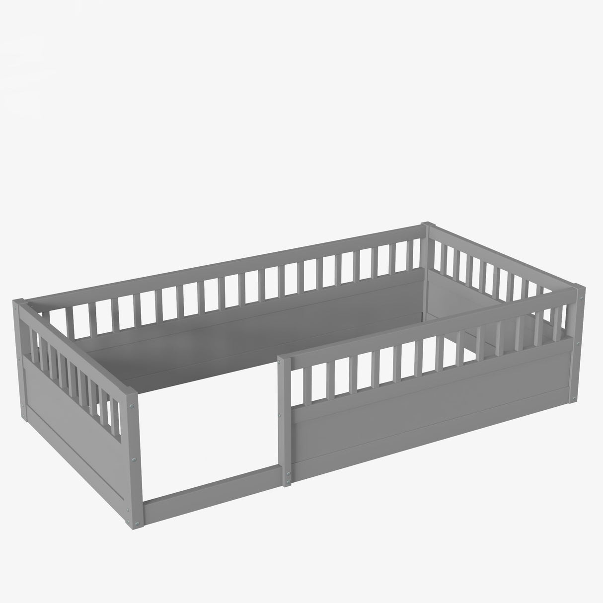 Floor Bed for Kids, Twin Size Montessori Bed with High Fence Railings, Wood Playhouse Bed with Rails for Baby Boys Girls Teens, No Slats Included, Gray Mirightone