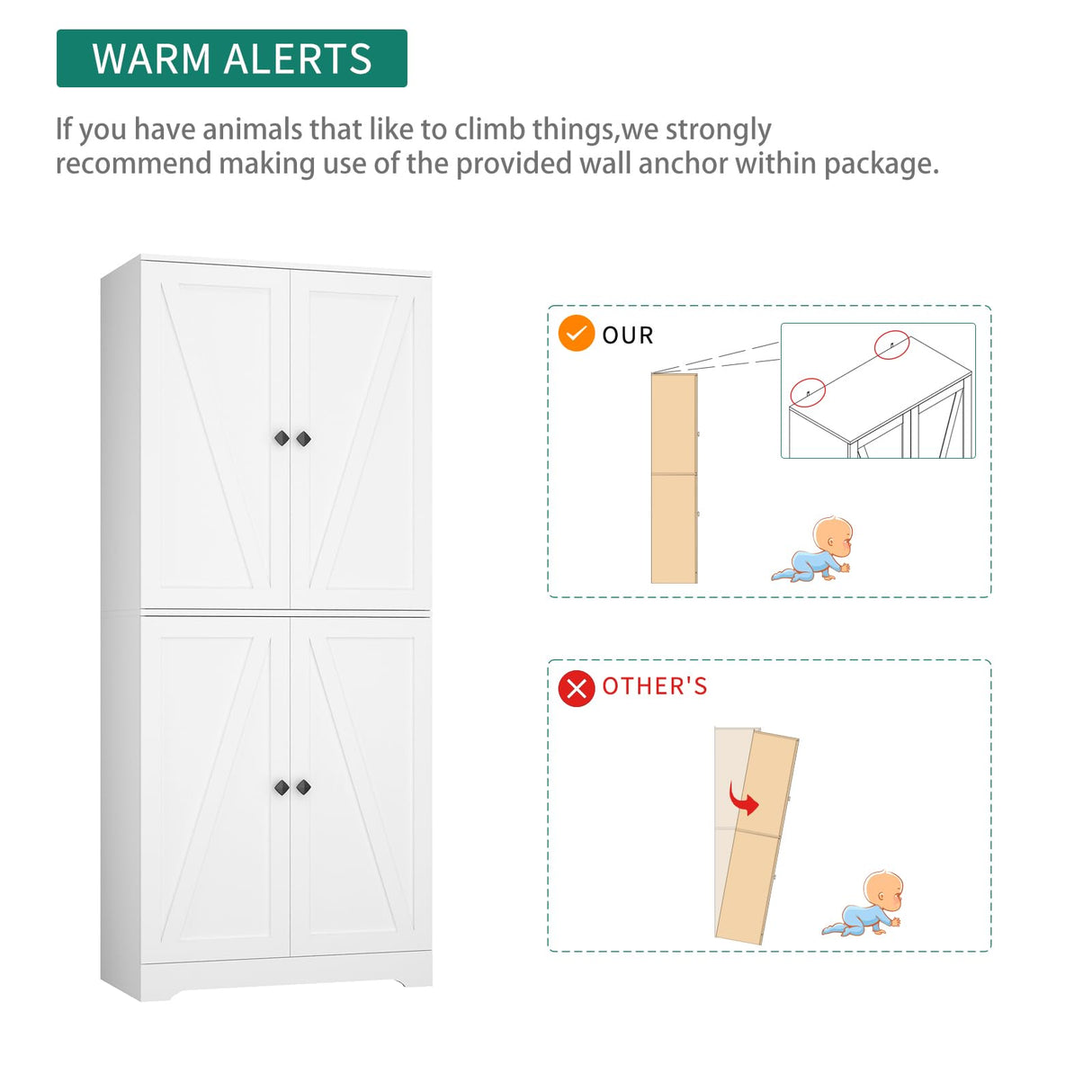 NOVAMAISON Kitchen Pantry Cabinet, 72” Tall Farmhouse Storage Cabinet with 4 Barn Doors and Adjustable Shelves, Pantry Cabinet Versatile Storage for Kitchen, Living Room, White NOVAMAISON